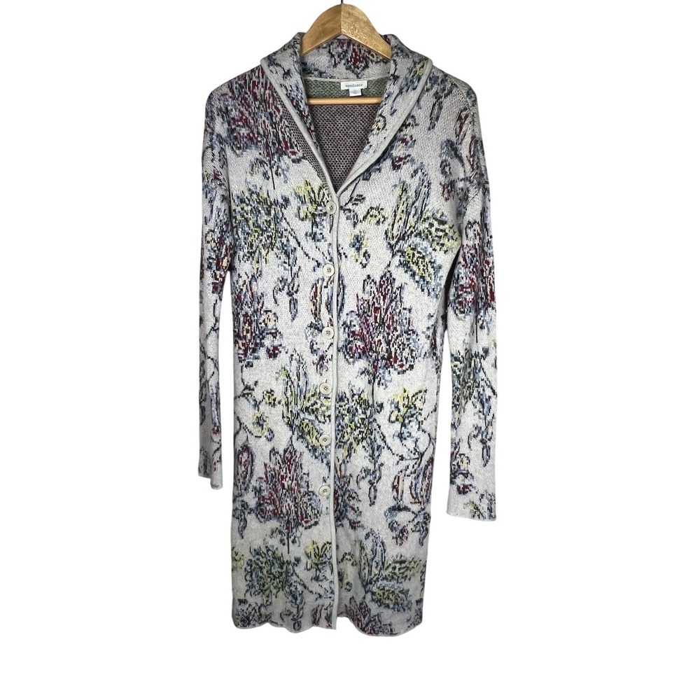 Sundance Floral Intarsia Merino Wool Alpaca Longline Cardigan Sweater Gray S